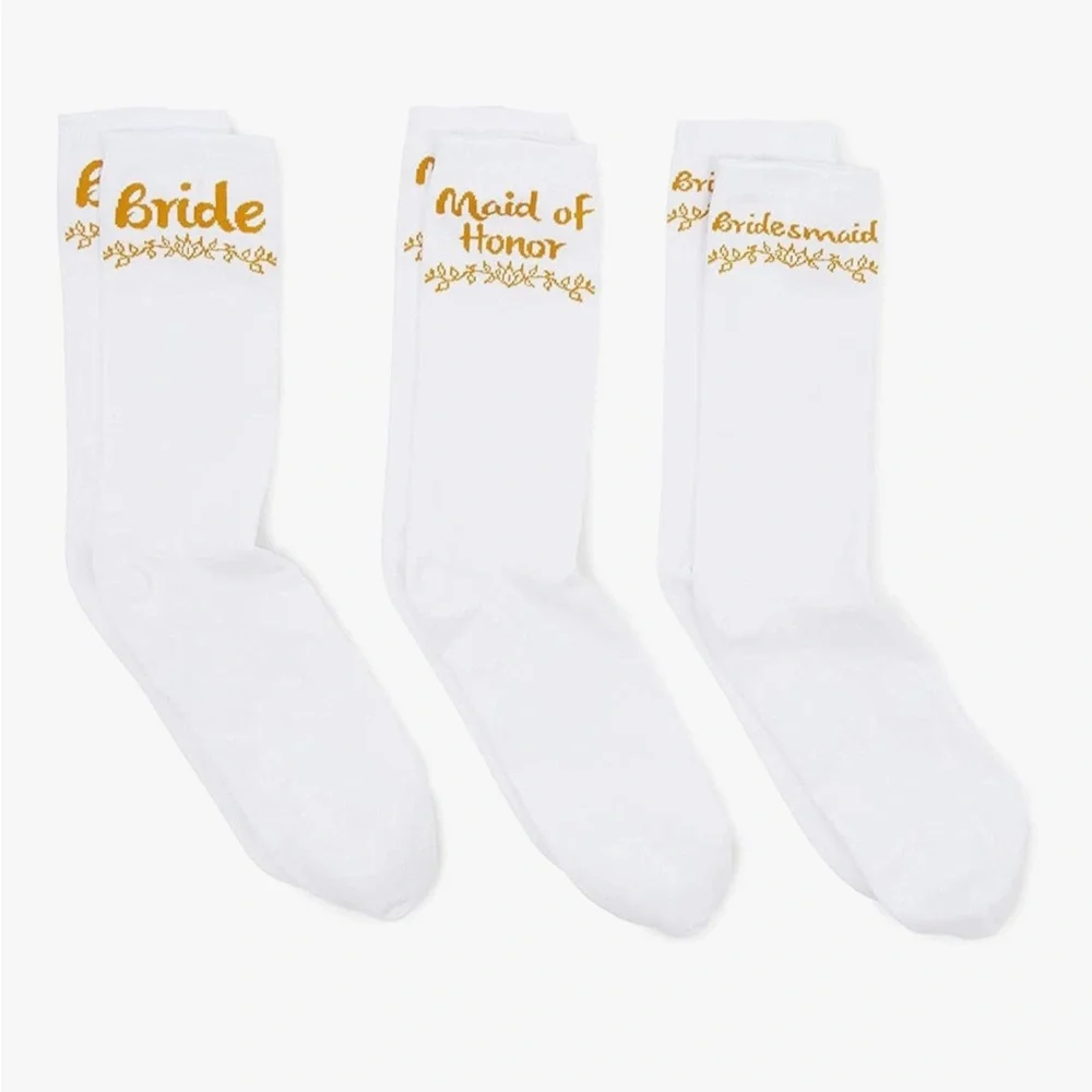 S11‎ Bridal Party 6 Pack Mid-Calf White & Gold Cotton Blend Reinforced Toe Socks